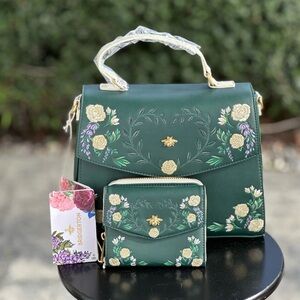 Loungefly Netflix Bridgeton Green Floral Embroidered Satchel & Matching Wallet